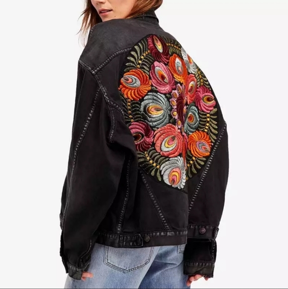 New Boho Embroidered Patch Denim Jean Jacket Oversized Coat Black - Picture 9 of 12